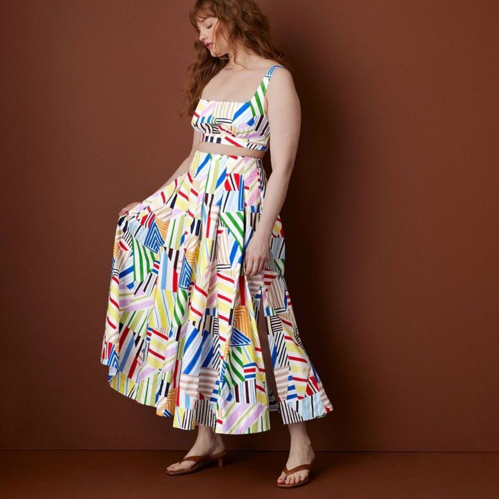 Women's Pleated Poplin Madras Midi Skirt - Multi 12 - Picture 4 of 4